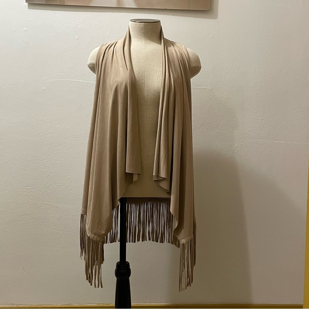 Tan Fringe Open Front Suede-Like Vest by Pink Rose Size Xtra Small - Picture 1 of 5